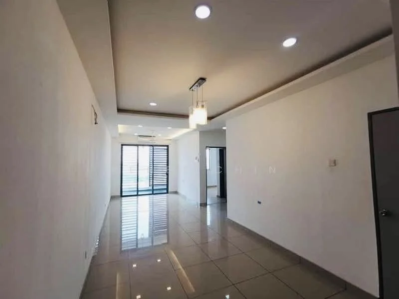 Room features: white painted walls, polished ceramic tile flooring, recessed downlights, tray ceiling, sliding glass door, floor-to-ceiling windows, air conditioning unit, open layout; style: modern; view: city.