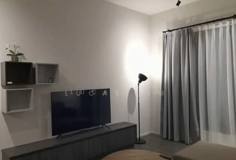 Living features: white painted walls, grey curtains, floor-to-ceiling window, black floor lamp, wall-mounted TV, TV console in dark wood, decorative shelving unit, light grey flooring, decorative plant; style: modern.