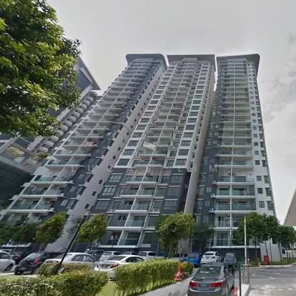 Exterior type: high-rise condominium; features: glass curtain wall, grey painted facade, recessed balconies, multiple storeys, surrounded by mature greenery, open-air parking lot; style: modern.