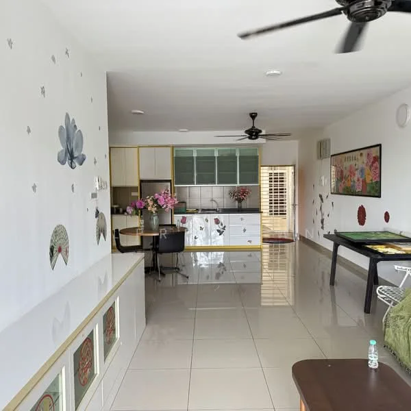 Living features: white painted walls with floral decals, glossy tile flooring, ceiling fan with light, dining table with chairs, built-in cabinetry with glass doors, kitchen area with cabinets, decorative wall art, vase with flowers on table, open layout, natural light from windows, sliding door to outside, area rug; style: modern.