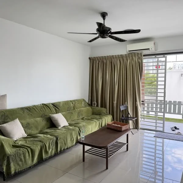 Living features: 3-seater fabric sofa in green, coffee table, floor-to-ceiling windows, sliding glass door, curtains in beige, wall-mounted split AC, ceiling fan, glossy tile flooring, white painted walls; style: modern; view: garden.