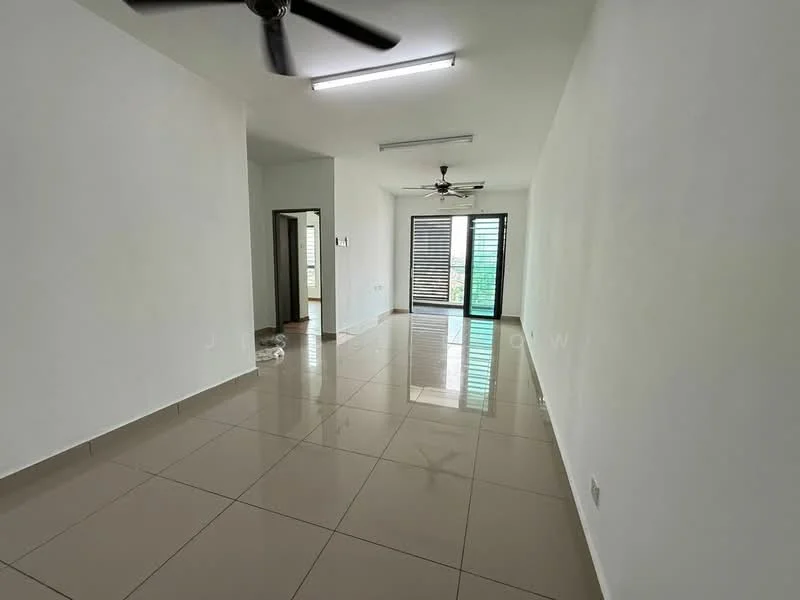 Living features: white painted walls, glossy beige tile flooring, 2 ceiling fans, sliding glass door, floor-to-ceiling windows, natural light from windows, neutral color scheme, open layout; style: modern.