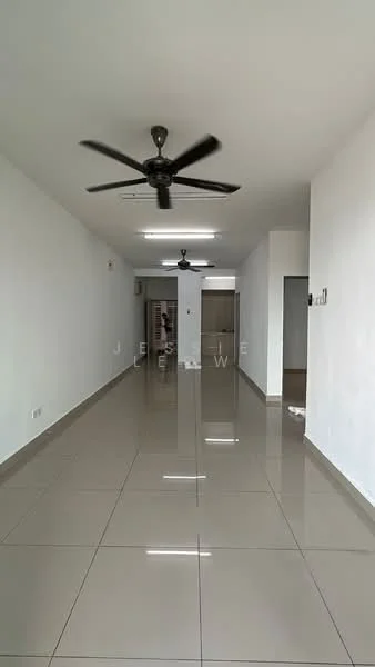 Room features: white painted walls, glossy ceramic tile flooring, 2 ceiling fans, recessed LED downlights, open layout, large windows, neutral color scheme, no visible furniture; style: modern.