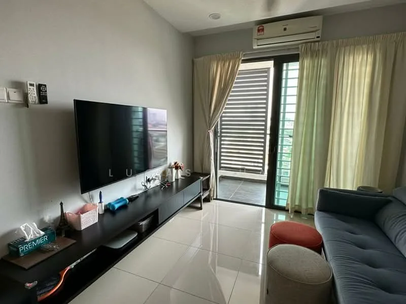 Living features: grey fabric sofa, round ottoman, black TV console, wall-mounted flat-screen TV, floor-to-ceiling windows, sliding glass door, sheer curtains, recessed ceiling lights, air conditioning unit, glossy tile flooring, decorative wall paneling, access to balcony; style: modern.