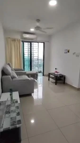 Living features: light-colored walls, glossy tile flooring, 5-blade ceiling fan with light, floor-to-ceiling windows, curtains, sofa in light grey fabric, coffee table, TV console, wall-mounted TV, decorative wall art; style: modern; view: city.