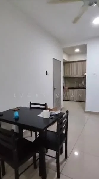 Dining features: black dining table, 4 wooden dining chairs, white painted walls, cream tiled flooring, ceiling fan, kitchen area visible in background, light fixtures, door leading to kitchen; style: modern.