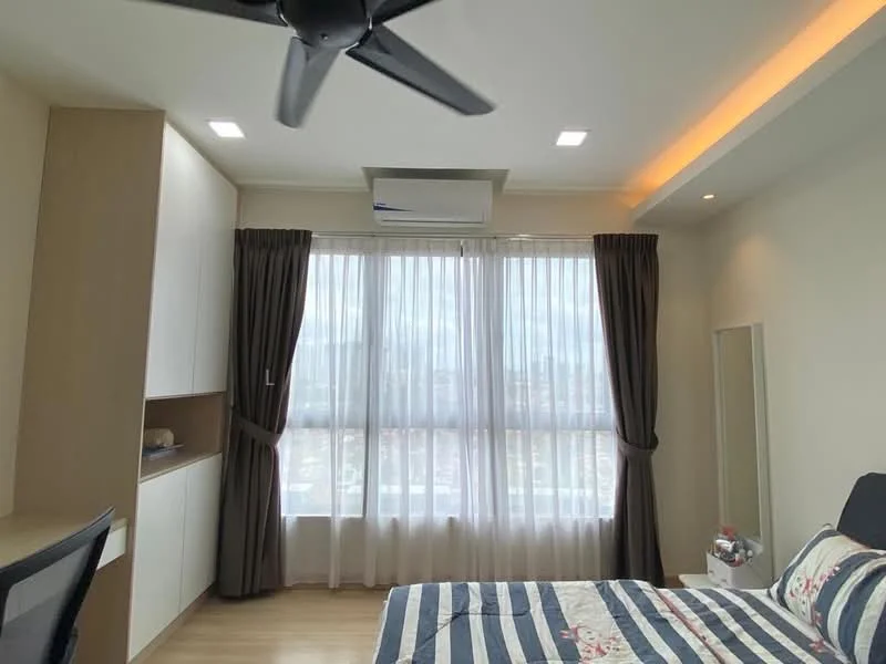 Bedroom features: queen-size bed with striped bedding, floor-to-ceiling windows with sheer curtains, 1 wall-mounted split AC unit, wooden flooring, built-in wardrobe with white finish, study desk, mirror, recessed LED downlights, ceiling fan with 3 blades; style: modern; view: city.