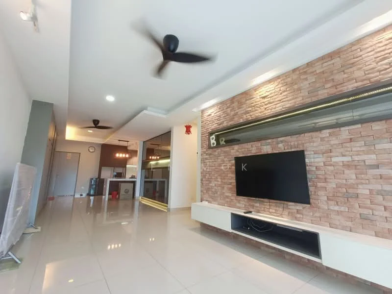 Living features: cream painted walls, exposed brick accent wall, polished tile flooring, 5-blade ceiling fan in black, wall-mounted TV, white TV console, recessed lighting, decorative wall shelf; style: modern.