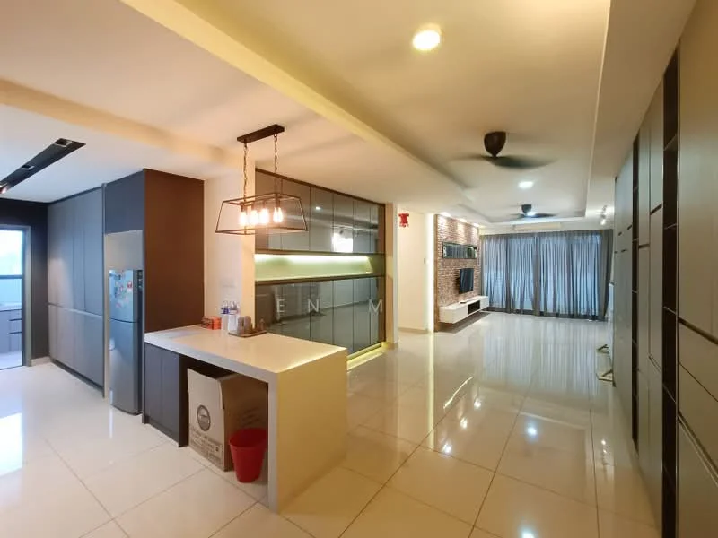 Kitchen features: kitchen island with storage, stainless-steel fridge, built-in oven, ceramic tile flooring, grey cabinetry with glass fronts, gold accent lighting, white quartz countertop, double-bowl stainless-steel sink, chrome pull-down faucet; style: modern. Living features: large wall-mounted TV, exposed brick feature wall, recessed downlights, ceiling fan, grey curtains, polished tile flooring, open layout, entertainment unit, area rug; style: modern.