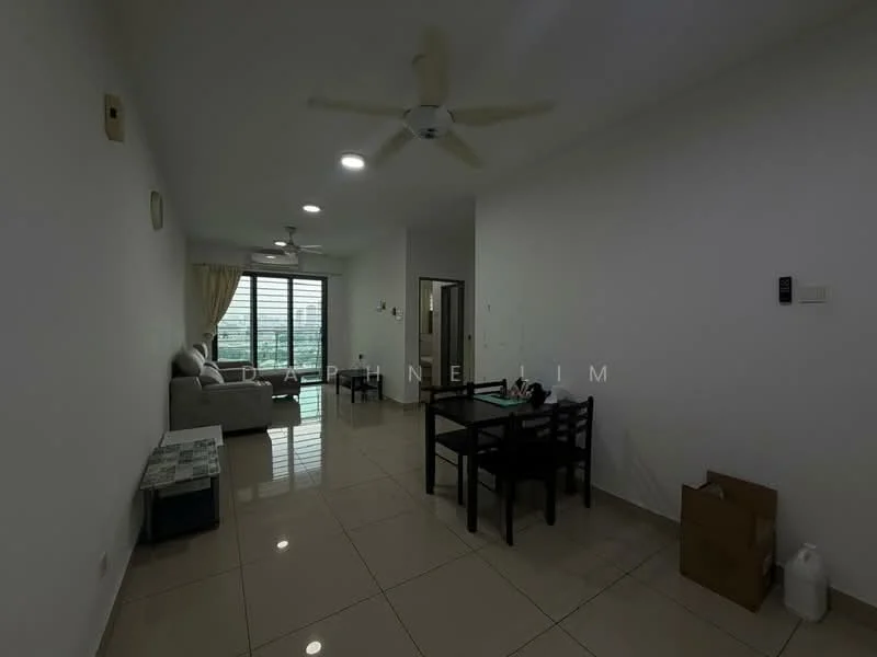 Living features: white painted walls, glossy tile flooring, 5-blade ceiling fan with light, sofa in light grey fabric, glass coffee table, dining table for 4 with black chairs, floor-to-ceiling windows, curtains, view of city skyline; style: modern; view: city.