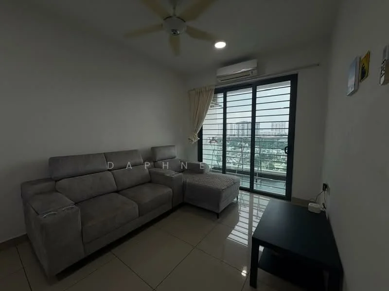 Living features: 3-seater fabric sofa in grey, ottoman, black coffee table, floor-to-ceiling windows, sliding glass door, curtains, wall-mounted air conditioning unit, ceiling fan, light-colored painted walls, glossy tile flooring; style: modern; view: city.