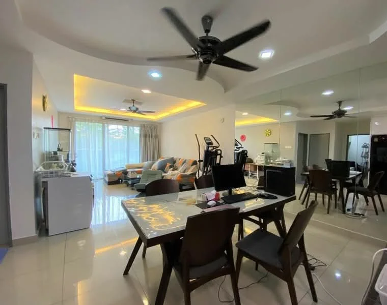 Living features: 5-blade ceiling fan with light, recessed LED downlights, sofa with orange and grey striped upholstery, coffee table with glass top, dining table with decorative inlay, 4 dining chairs, large floor-to-ceiling windows, curtains, wall-mounted mirror, tile flooring, wall-mounted TV, decorative wall clock; style: modern; view: garden. Dining features: dining table with decorative inlay, 4 dining chairs; style: modern. Laundry features: front-load washing machine.