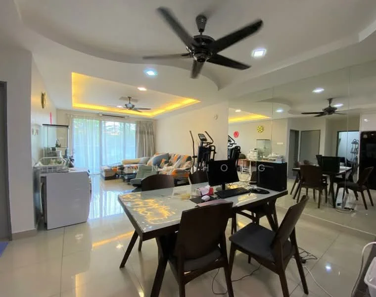 Living features: 5-blade ceiling fan with light, recessed downlights, sofa with orange and grey striped upholstery, glass coffee table, dining table with 6 chairs, mirrored wall, white walls, tile flooring, curtains, open layout, decorative wall clock; style: modern. Dining features: dining table with 6 chairs, white table surface, wooden chairs, decorative centerpiece; style: modern.