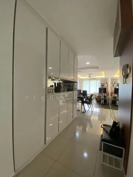 Room features: white high-gloss cabinetry, ceramic tile flooring, recessed downlights, open-plan layout, dining area visible in background, large windows with natural light, neutral wall colour, minimalist decor; style: modern.