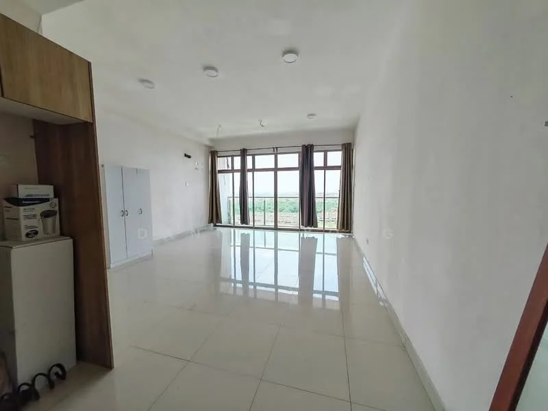 Living features: white painted walls, glossy ceramic tile flooring, floor-to-ceiling windows, curtains, recessed downlights, 1 wall-mounted split AC, open layout, view of greenery; style: modern; view: garden.