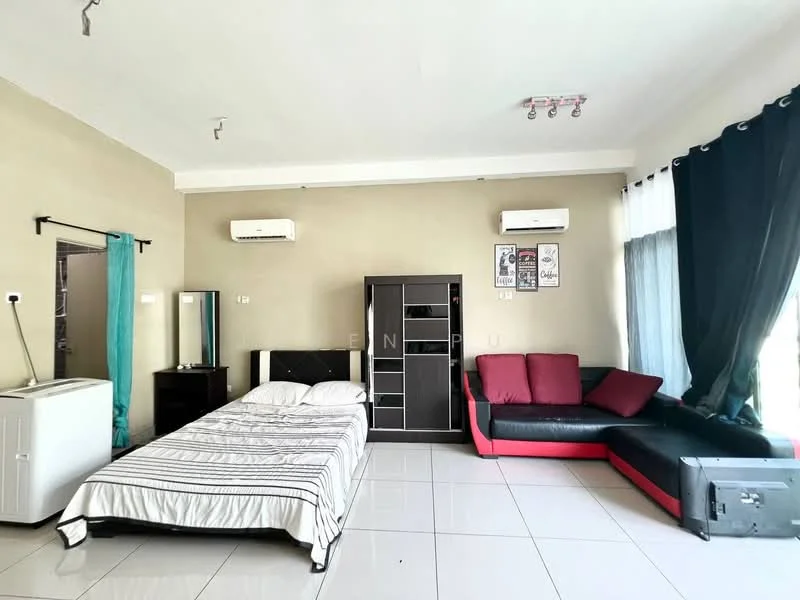 Bedroom features: queen-size bed with white bedding, black and red L-shape sectional sofa, black storage cabinet, mirror on dresser, white walls, tile flooring, 2 wall-mounted split AC units, floor-to-ceiling windows with sheer curtains, recessed lighting, decorative wall art; style: modern.