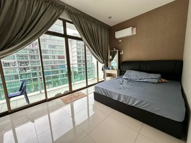 Bedroom features: king-size bed with black upholstered frame, grey bed linens, floor-to-ceiling windows, sheer curtains, air conditioning unit, glossy white tile flooring, decorative wall with brown wallpaper, nightstand with mirror, rug at bedside, view of city skyline; style: modern; view: city.