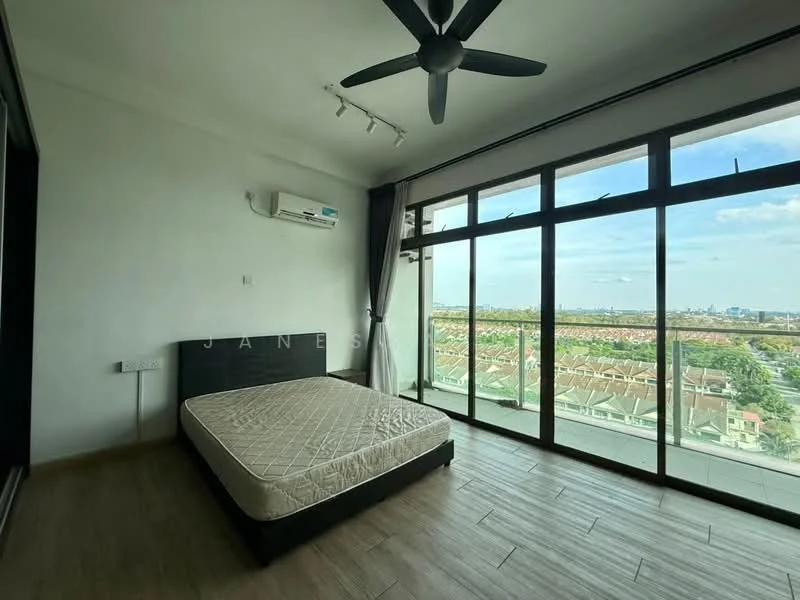 Bedroom features: floor-to-ceiling windows, city view, 5-blade ceiling fan, wooden flooring, air conditioning unit, black upholstered bed frame, neutral wall color, curtains, no bedding, minimalist decor; style: modern; view: city.