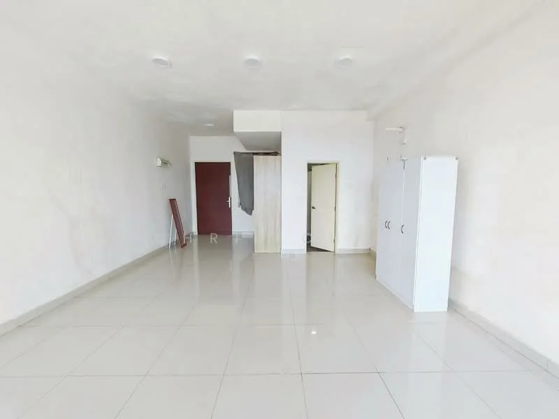 Room features: white painted walls, glossy ceramic tile flooring, recessed downlights, single door, double door, built-in cabinets, empty space, no visible furniture; style: minimalist.