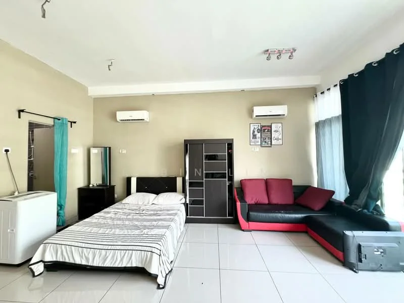 Bedroom features: queen-size bed with white bedding, black and red L-shape sectional sofa, white tiled flooring, two wall-mounted split AC units, black storage cabinet with glass doors, full-length mirror, curtains in dark blue, striped bedding, small white refrigerator; style: modern.