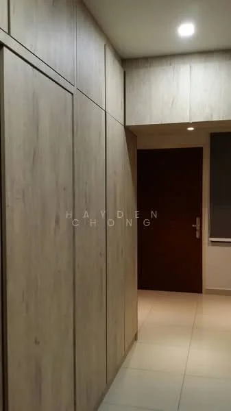 Room features: wooden cabinetry with a natural finish, white tiled flooring, recessed ceiling lights, solid wood door, neutral wall color, built-in storage, window with roller blinds; style: modern.