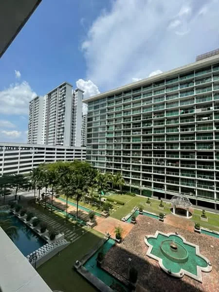 Exterior type: high-rise condominium; features: swimming pool, landscape garden, manicured lawn, paved walkway, multiple high-rise buildings, outdoor seating area, water feature, surrounded by greenery; style: modern.