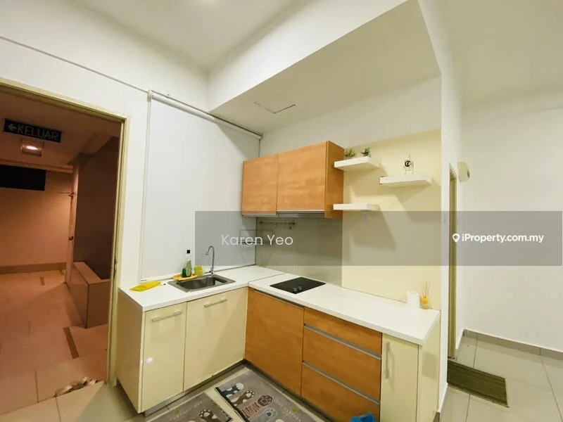 Kitchen features: laminate cabinetry in light wood finish, white countertop, single-bowl stainless-steel sink, chrome pull-down faucet, built-in electric cooktop, wall-mounted shelves, tile flooring, white painted walls, recessed downlights; style: modern.