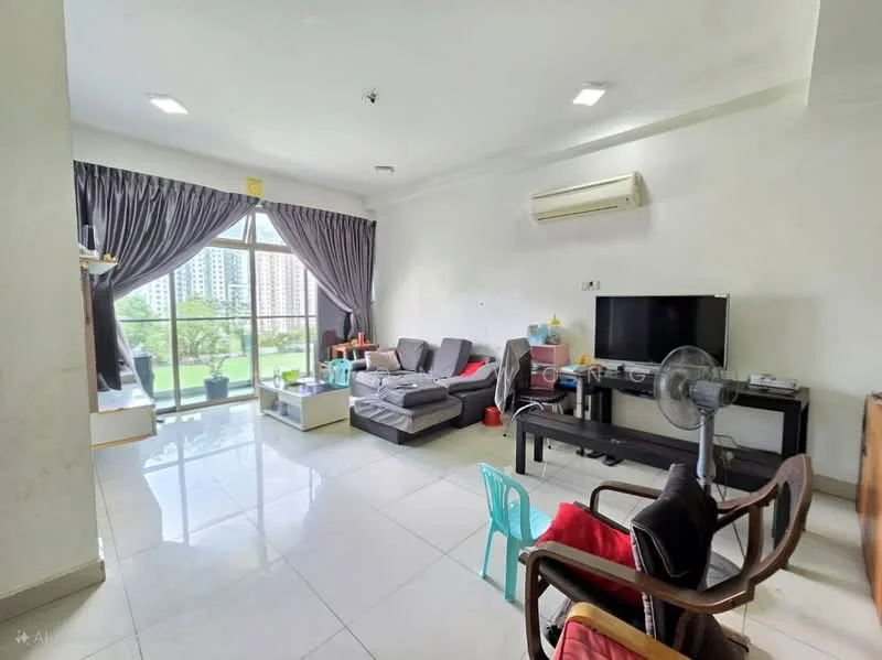 Living features: grey fabric sectional sofa, coffee table, TV console, wall-mounted TV, floor-to-ceiling windows, curtains, air conditioning unit, ceramic tile flooring, decorative fan, side table; style: modern; view: garden.
