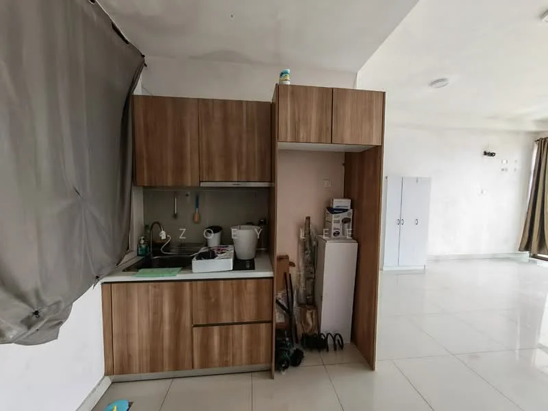 Kitchen features: wood cabinetry, white countertop, single-bowl stainless-steel sink, chrome pull-down faucet, built-in stove, refrigerator, kitchen utensils, tile backsplash, white walls, ceramic tile flooring, recessed downlights; style: modern.