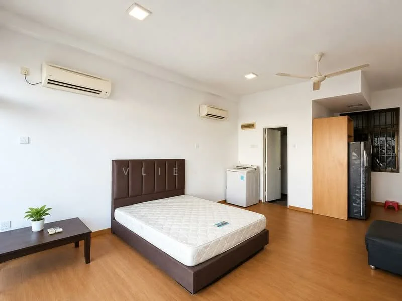 Bedroom features: queen-size bed with upholstered headboard, 2 wall-mounted split AC units, wooden flooring, ceiling fan, window with security bars, built-in wardrobe, washing machine, small coffee table, refrigerator, light fixtures in ceiling; style: modern.