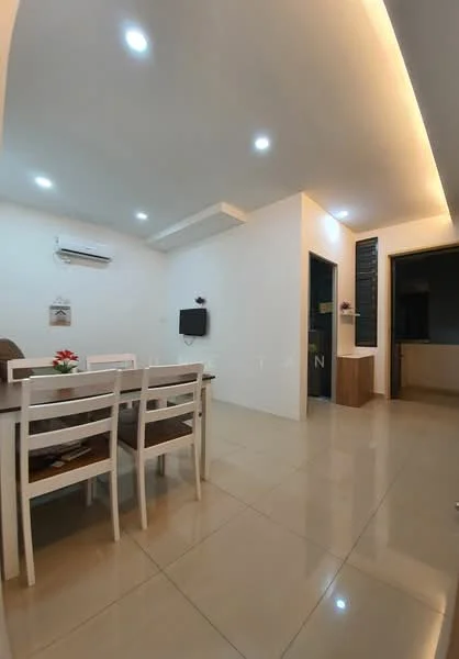 Dining features: dining table with four chairs, wall-mounted TV, 1 wall-mounted split AC, cream painted walls, recessed LED downlights, glossy tile flooring, open layout, decorative plant on table; style: modern. Room features: cream painted walls, glossy tile flooring, recessed LED downlights.