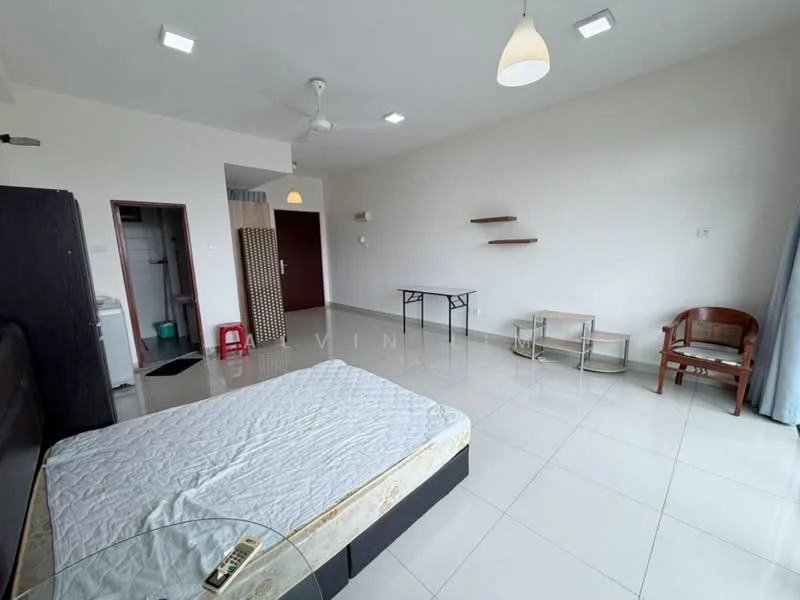 Room features: white painted walls, glossy tile flooring, ceiling fan, recessed LED downlights, single bed frame, mattress, wooden chair, small table, open shelving unit, sliding door to bathroom, curtains, wall-mounted light fixture; style: modern.