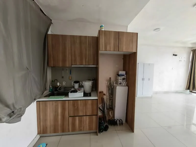 Kitchen features: wood cabinetry, stainless-steel sink, chrome pull-down faucet, built-in stove, microwave, refrigerator, countertop, tile backsplash, white walls, ceramic tile flooring; style: modern.