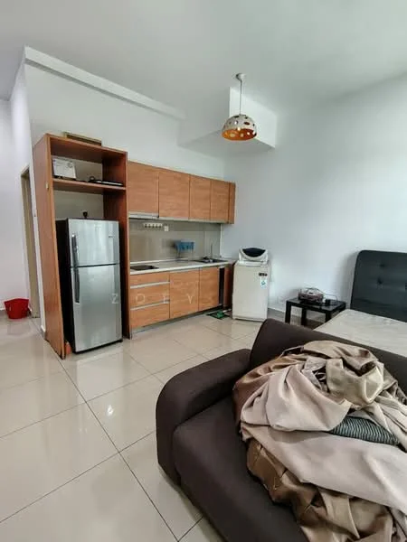 Kitchen features: brown wooden cabinetry, stainless-steel fridge, built-in stove, sink, countertop, tile backsplash, white walls, ceramic tile flooring, recessed downlights; style: modern. Living features: 3-seater fabric sofa in dark grey, coffee table, decorative blanket, white walls, ceramic tile flooring; style: modern.