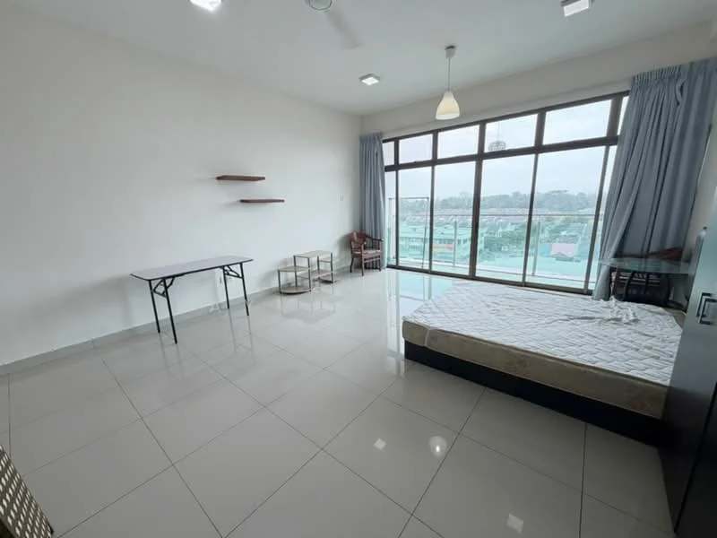 Bedroom features: large floor-to-ceiling windows, white painted walls, glossy ceramic tile flooring, single bed with mattress, wooden chair, wooden table, shelves mounted on the wall, curtains, ceiling light fixture, air conditioning unit; style: modern; view: city.