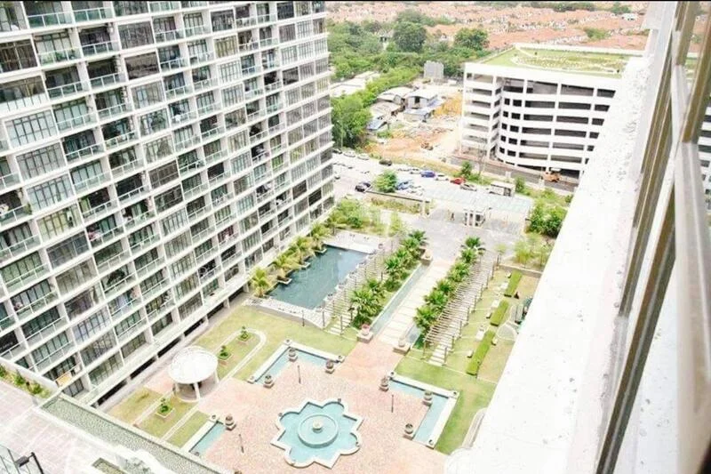 Exterior type: high-rise condominium; features: glass curtain wall facade, infinity pool, landscaped garden, manicured lawn, palm trees, outdoor seating area, water feature, parking deck, surrounded by greenery, adjacent construction site; style: modern.