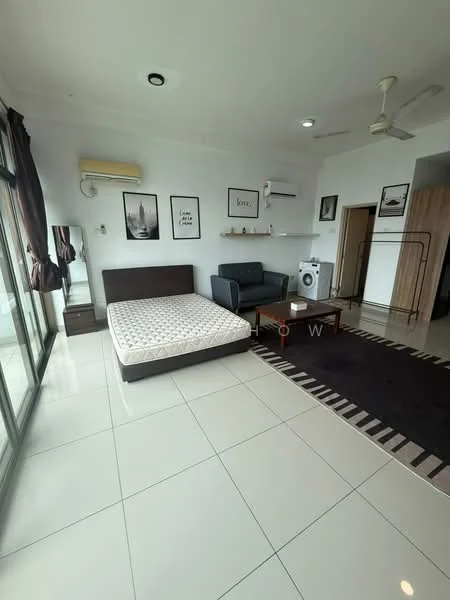 Room features: queen-size bed, upholstered headboard, sofa in grey, coffee table, wall-mounted air conditioner, floor-to-ceiling windows, white walls, tile flooring, recessed ceiling lights, framed artwork on walls, washing machine, built-in wardrobe, area rug with geometric pattern; style: modern; view: city.