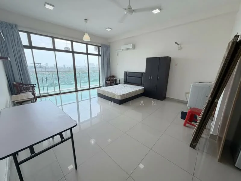Bedroom features: floor-to-ceiling windows, city view, white painted walls, polished ceramic tile flooring, ceiling fan, air conditioning unit, queen-size bed frame without mattress, built-in wardrobe, study desk, wooden chair, red plastic chair; style: modern; view: city.