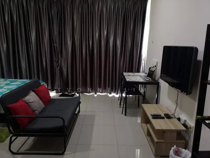 Living features: grey fabric sofa with red cushions, black TV console, wall-mounted TV, wooden coffee table, black dining table with four chairs, floor-to-ceiling curtains in dark color, glossy tile flooring, decorative wall art, green area rug; style: modern.