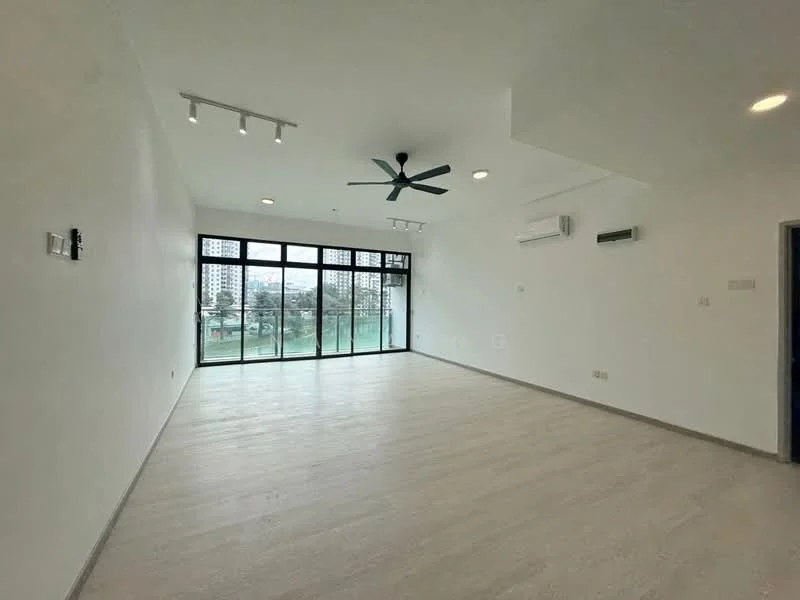 Living features: white painted walls, light wood laminate flooring, 5-blade ceiling fan with light, floor-to-ceiling windows, sliding glass door, air conditioning unit, recessed downlights, open layout; style: modern; view: garden.