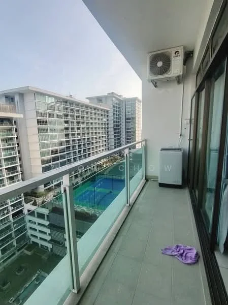 Room features: balcony, glass railing, grey tiled flooring, air conditioning unit, view of swimming pool, view of surrounding buildings, outdoor space; style: modern; view: pool.