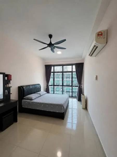 Bedroom features: king-size bed, upholstered headboard, 2 bedside lamps, black wooden bedside table, floor-to-ceiling windows, grey curtains, 5-blade ceiling fan with light, wall-mounted air conditioning unit, light-colored walls, glossy tile flooring; style: modern; view: city.