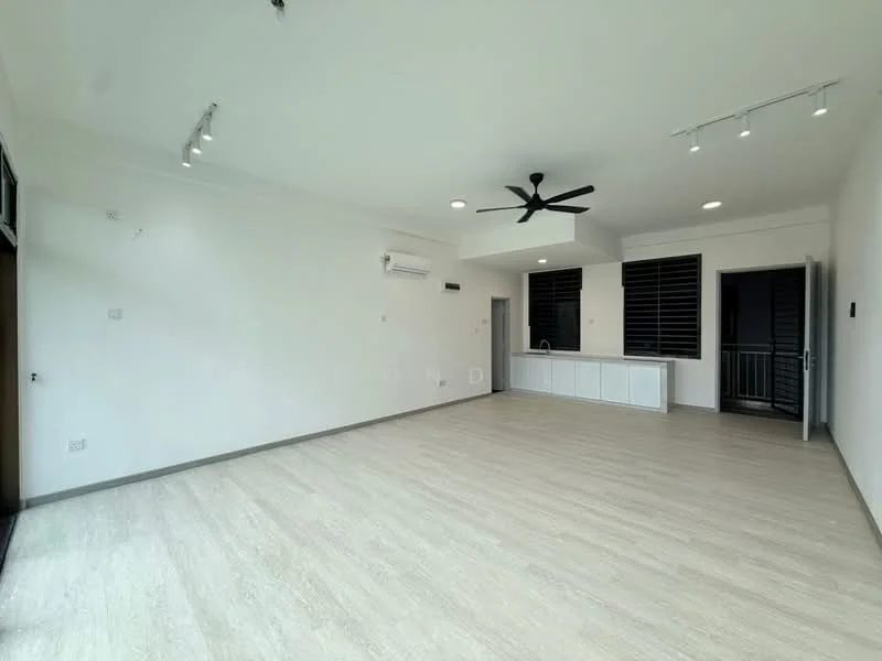Living features: light wood laminate flooring, white painted walls, 5-blade ceiling fan with light, wall-mounted split AC, recessed LED downlights, floor-to-ceiling windows, sliding glass door, open layout to kitchen, balcony access, no visible furniture; style: modern.