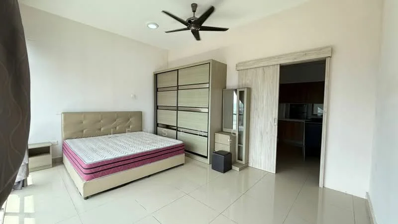 Bedroom features: queen-size bed with upholstered headboard, built-in wardrobe with sliding doors, nightstand, ceiling fan, large window, neutral wall color, tile flooring, decorative mirror, open space leading to adjacent room; style: modern.