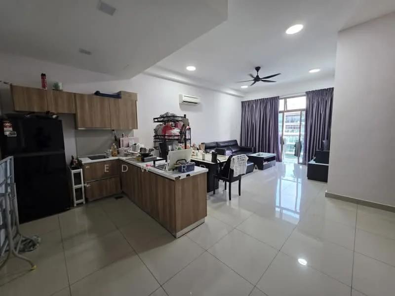 Kitchen features: kitchen island with wooden cabinetry, stainless-steel sink, built-in oven, freestanding fridge, ceramic tile flooring, recessed downlights; style: modern. Living features: 3-seater black leather sofa, coffee table, TV console, wall-mounted TV, dining table with chairs, ceiling fan, floor-to-ceiling windows, curtains, polished tile flooring; style: modern.