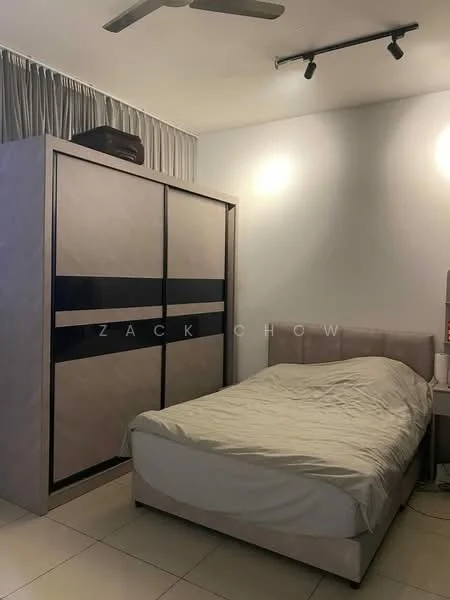 Bedroom features: queen-size bed with beige bedding, upholstered headboard, built-in wardrobe with sliding doors, white walls, tile flooring, ceiling fan, recessed lighting, nightstand, table lamp; style: modern.