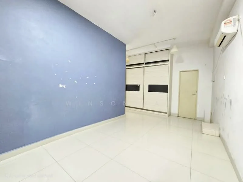 Room features: blue painted wall, white walls, glossy white tile flooring, 1 wall-mounted split AC, recessed ceiling lights, built-in wardrobe with sliding doors, plain ceiling, door to adjacent room; style: modern.