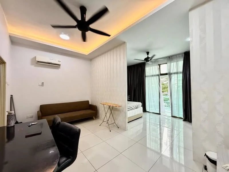 Room features: white painted walls, glossy white tile flooring, 5-blade ceiling fan with light, wall-mounted split AC, sofa in brown fabric, small dining table with folding legs, floor-to-ceiling windows, blackout curtains, bed with white bedding, decorative wall paneling, recessed lighting, natural light from windows; style: modern; view: garden.