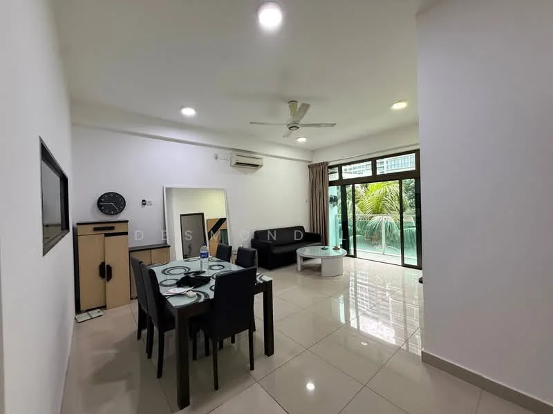 Living features: white painted walls, glossy tile flooring, 5-blade ceiling fan with light, recessed downlights, floor-to-ceiling windows, sliding glass door, black leather sofa, round coffee table, 6-seater dining table, black upholstered dining chairs, wall-mounted TV, decorative wall clock, air conditioning unit; style: modern; view: garden.