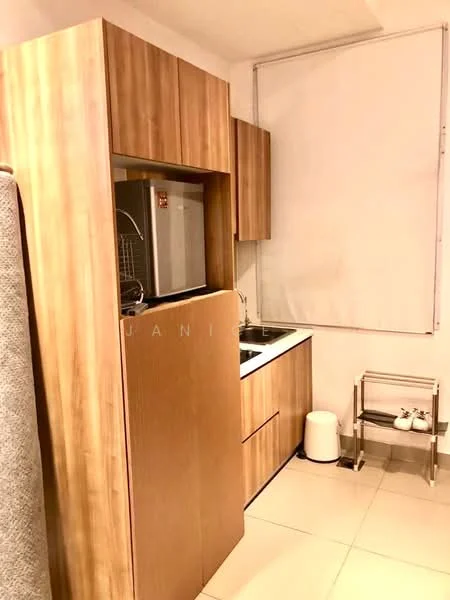 Kitchen features: wood cabinetry, stainless-steel fridge, single-bowl stainless-steel sink, chrome pull-down faucet, black countertop, ceramic tile flooring, under-sink storage, built-in oven, wall-mounted cabinet, white walls, window with blinds; style: modern.